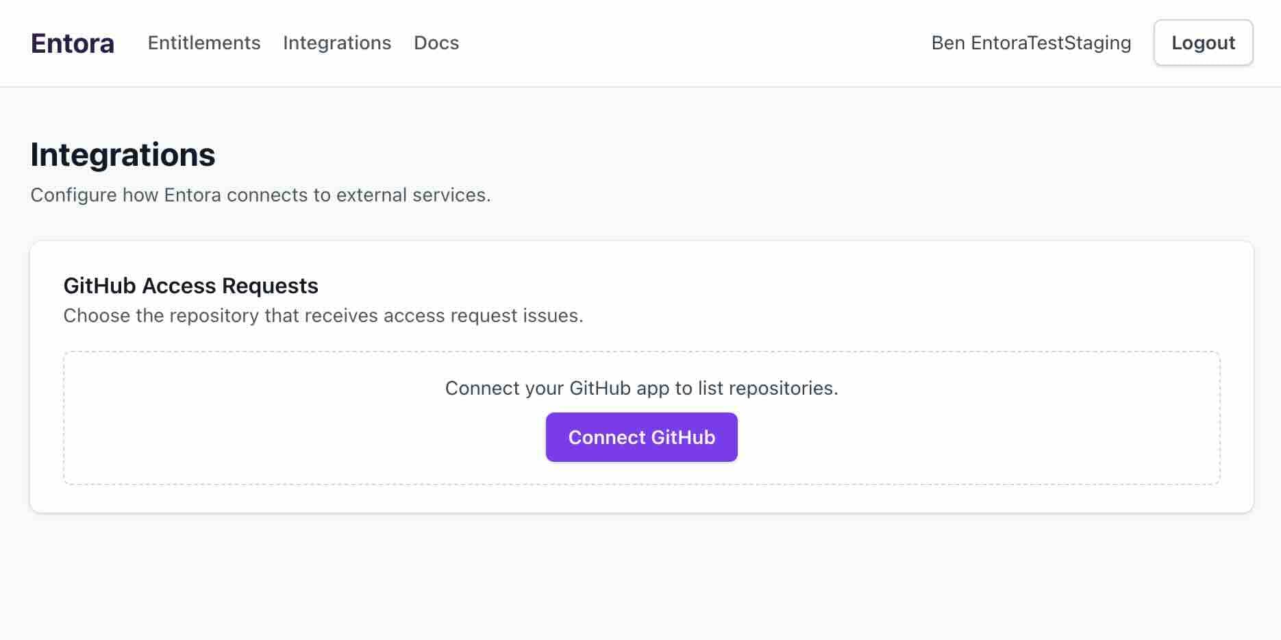 Connect GitHub integration screen
