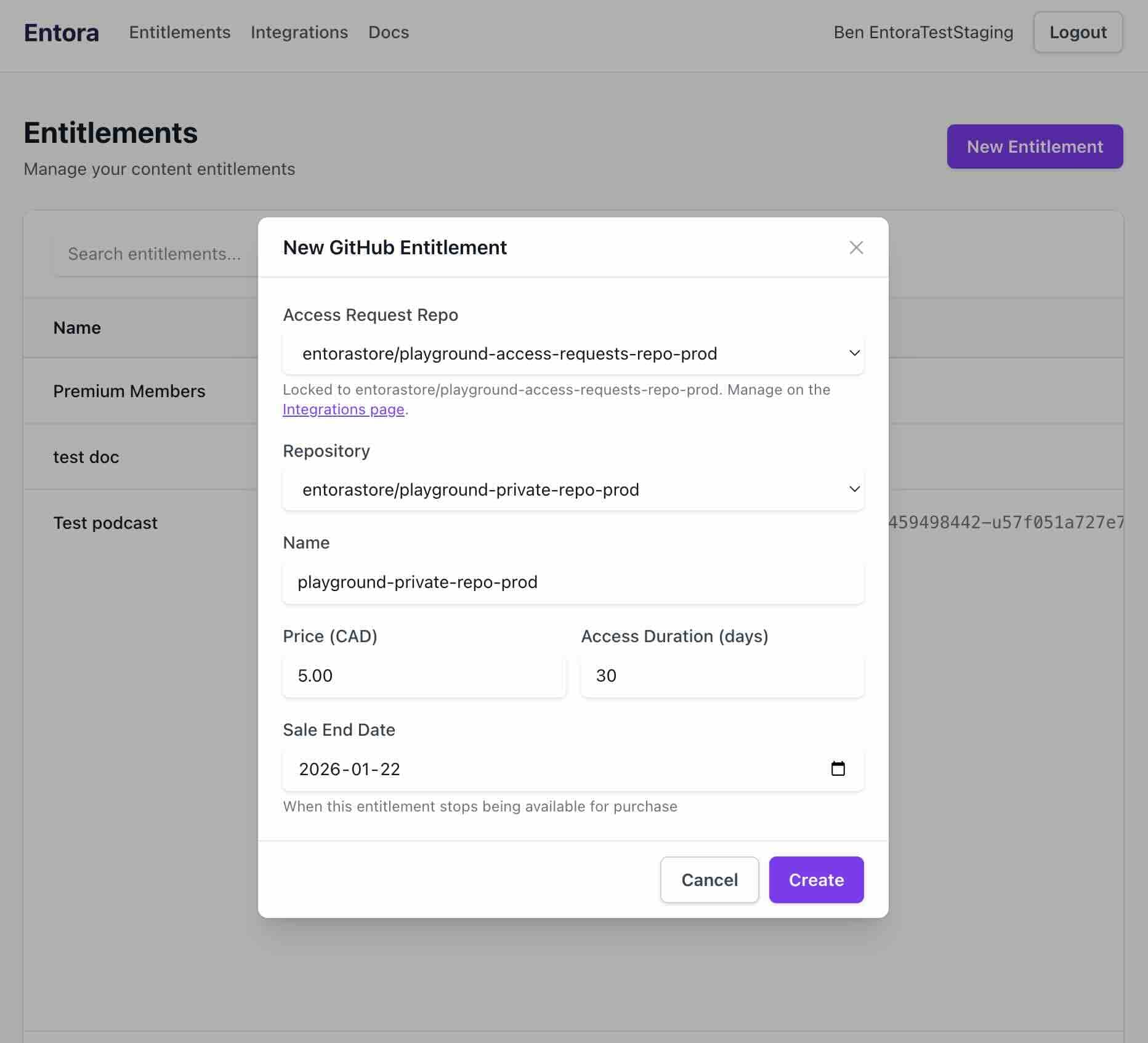 GitHub entitlement details modal